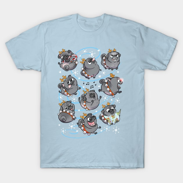 Reindeer Pugs - black pugs T-Shirt by Inkpug